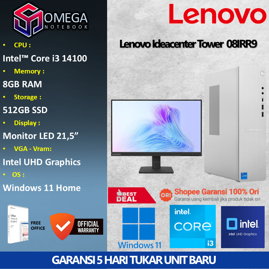 PC Desktop Lenovo Ideacenter Tower 08IRR9 Core i3 14100 8GB 512GB UHD Windows 11 + Office