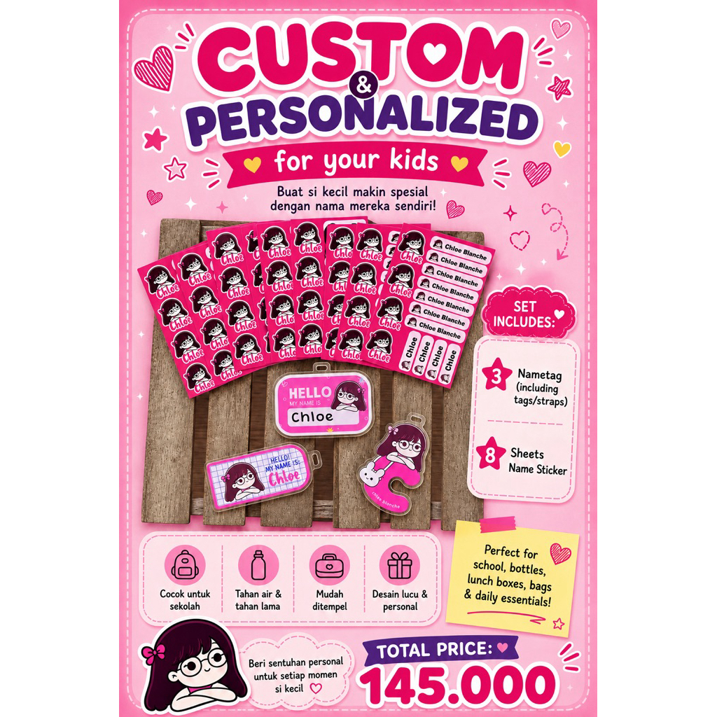Custom Acrylic Name Tag Set Anak | Label Nama Sekolah