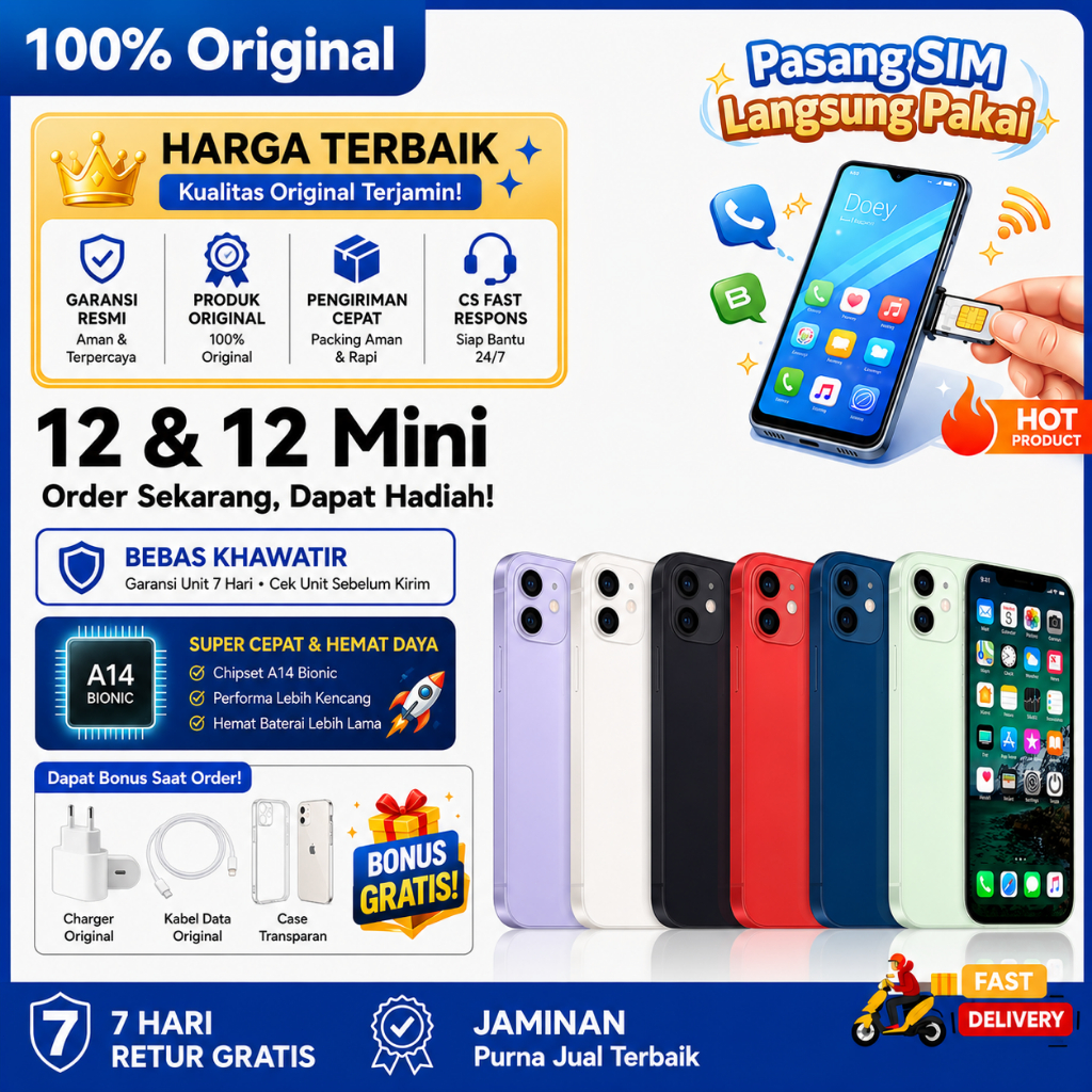 iPhone 12 & 12 Mini Second Original Inter 64GB 128GB 256GB Fullset Mulus Normal iPhone Bekas Bergara