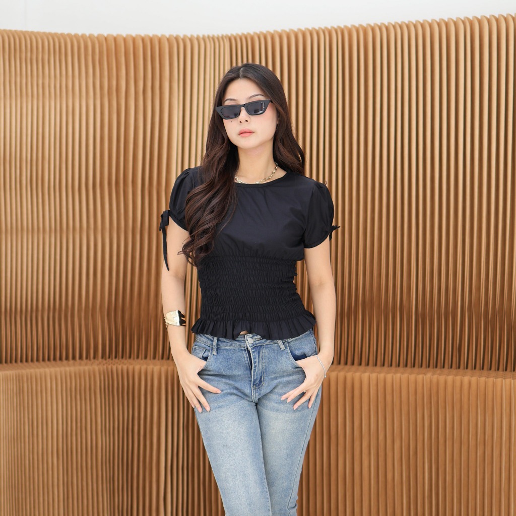 Calea Top Kerut Wanita / Atasan Lengan Pendek Kerut Pita Wanita / Coquette Top Lengan Pendek - Eleon
