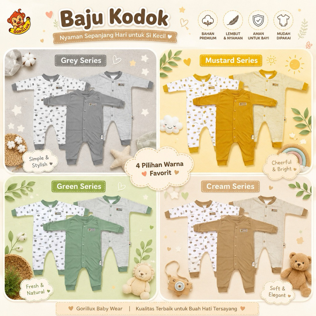3 Pcs Jumper Panjang Gorillux Sleepsuit Bayi Baju Kodok Baby / Kado Bayi