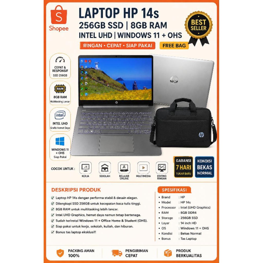 Laptop HP 14s RAM 8GB SSD 256GB Windows 11 + OHS Intel UHD Free Tas Laptop Bekas Mulus