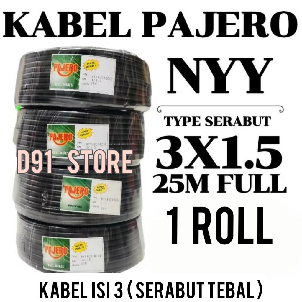 Kabel listrik PAJERO 3X1.5 25 meter isi 3 (serabut) warna hitam 1 roll