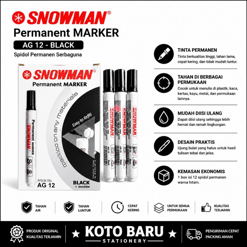 Spidol permanen snowman marker spidol permanen AG-12-AG Hitam( 12 pcs)-Hitam