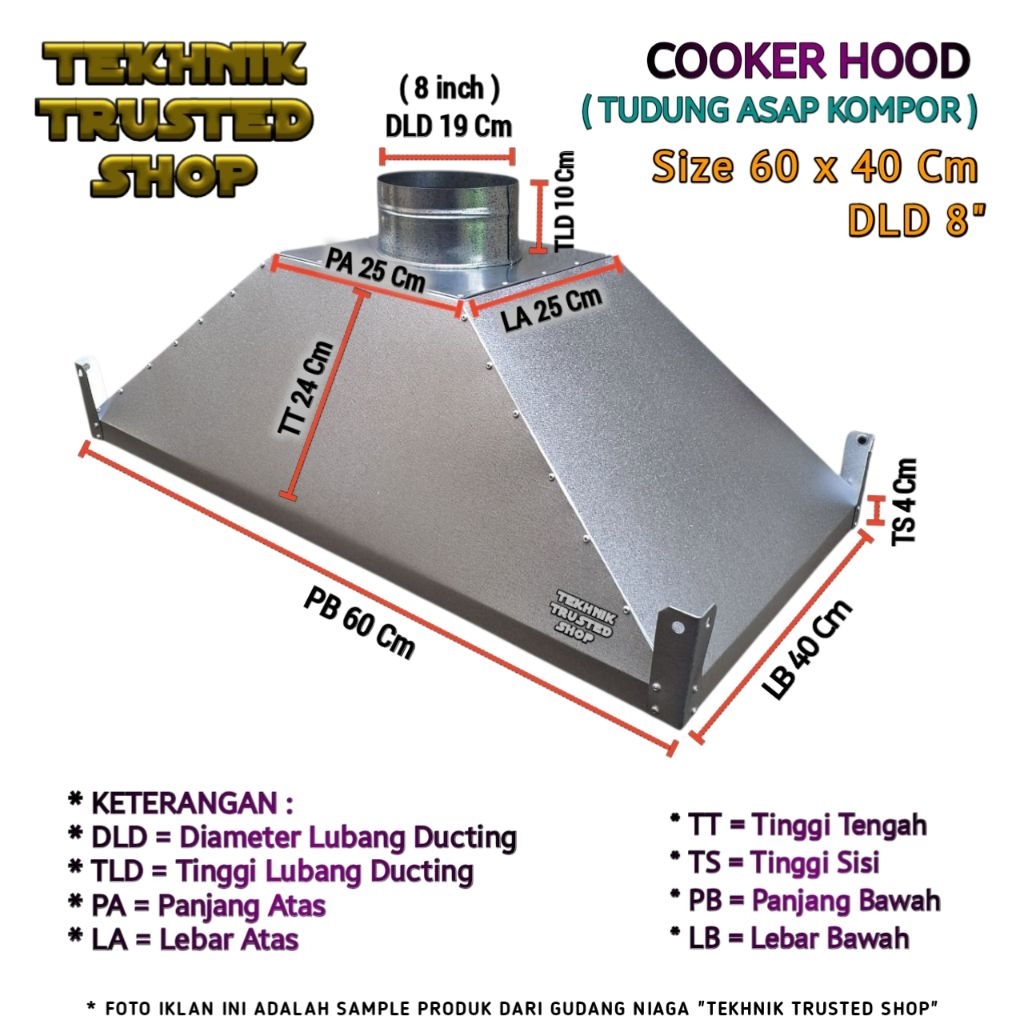 COOKER HOOD GALVALUM 60x40cm DLD 8" Tudung asap kompor dapur MODEL B