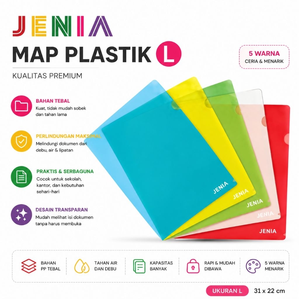 Map Plastik Map L JENIA Ukuran Folio, Kapasitas Besar, Warna Transparan & Menarik
