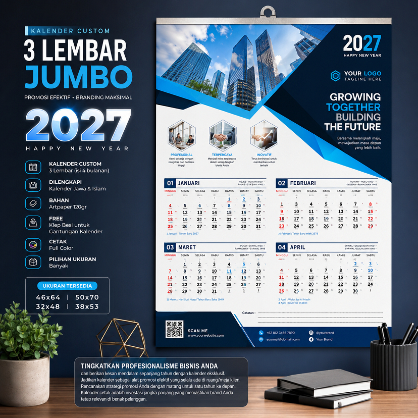 Kalender 2027 Custom 3 Lembar Jumbo | Ukuran 46x64 • 50x70 • 32x48 • 38x53 | Full Print | Bisa Nama 