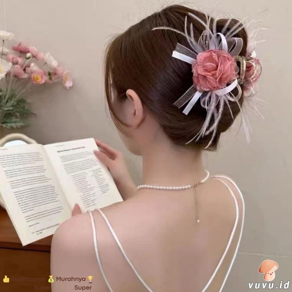 Jepit rambut Rose feather Stylish / Jepit Rambut Pesta Elegan bunga / Jepit Rambut Wanita / Aksesori