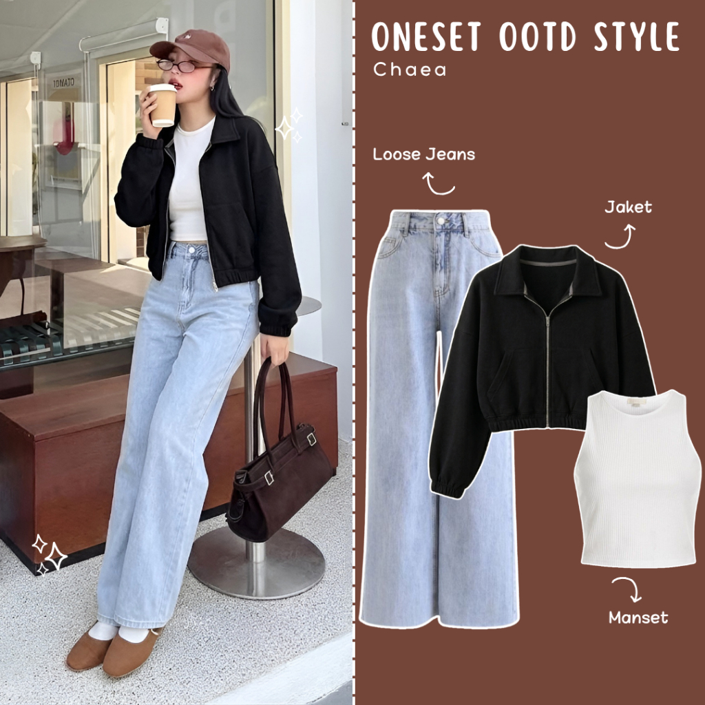 Chaea Outfit Set Wanita Kekinian | Jacket Crop Hitam + Celana Kulot Jeans Denim + Manset Basic Putih