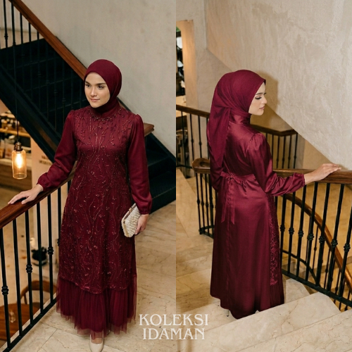 Gamis Wanita Muslim Mewah Maxmara Motif Brokat Mix Tile Mutiara A - Line dengan Bahan Premium