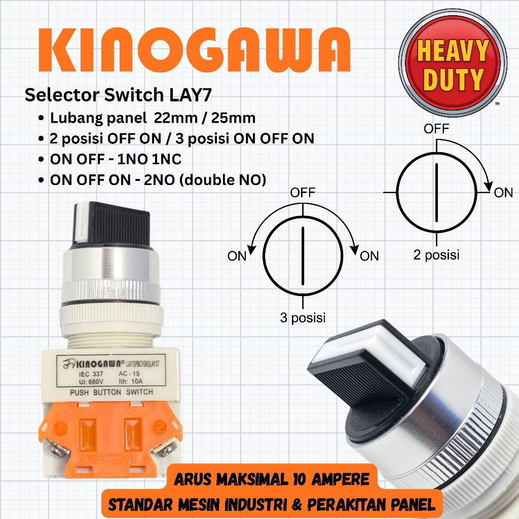 KINOGAWA Selector Switch 22mm 25mm On Off / On Off On 2 Posisi 3 Posisi LAY7 NO NC - Selector Saklar