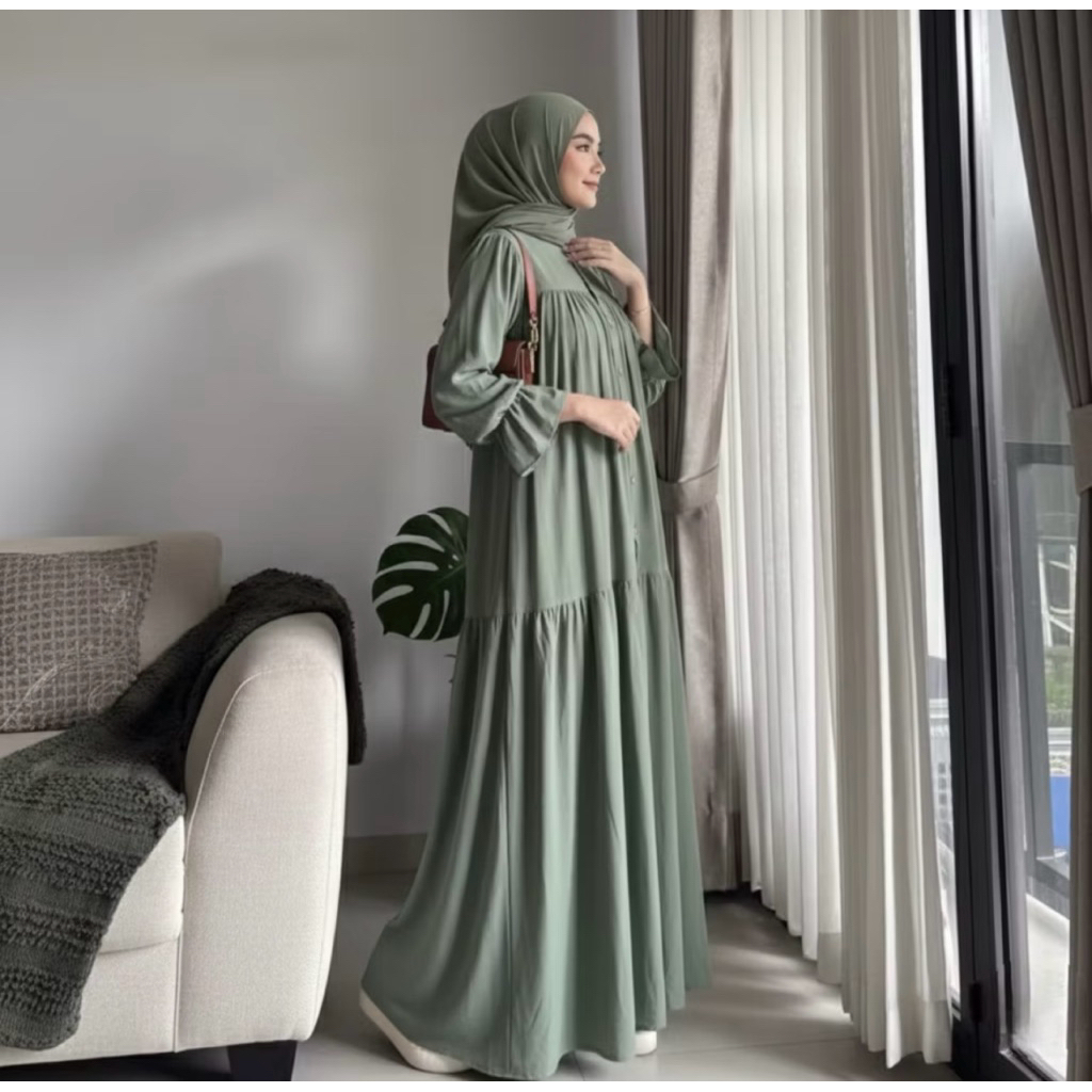 gamis lengan balon-nagita dres gamis rayon twill-gamis kancing busui