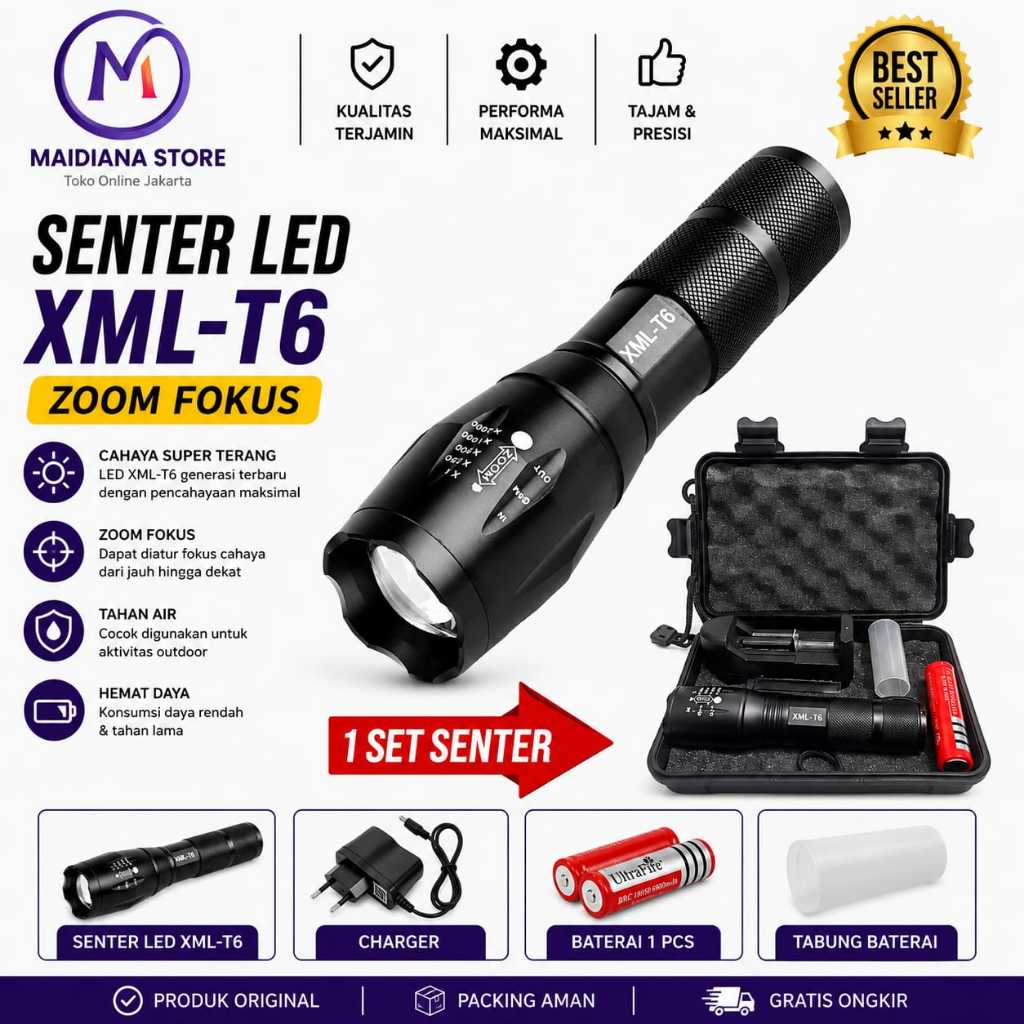 PROMO Senter LED Tactical Cree XM-L2/T6 8000Lumens Fullset / Paket Komplit Senter XM-L2