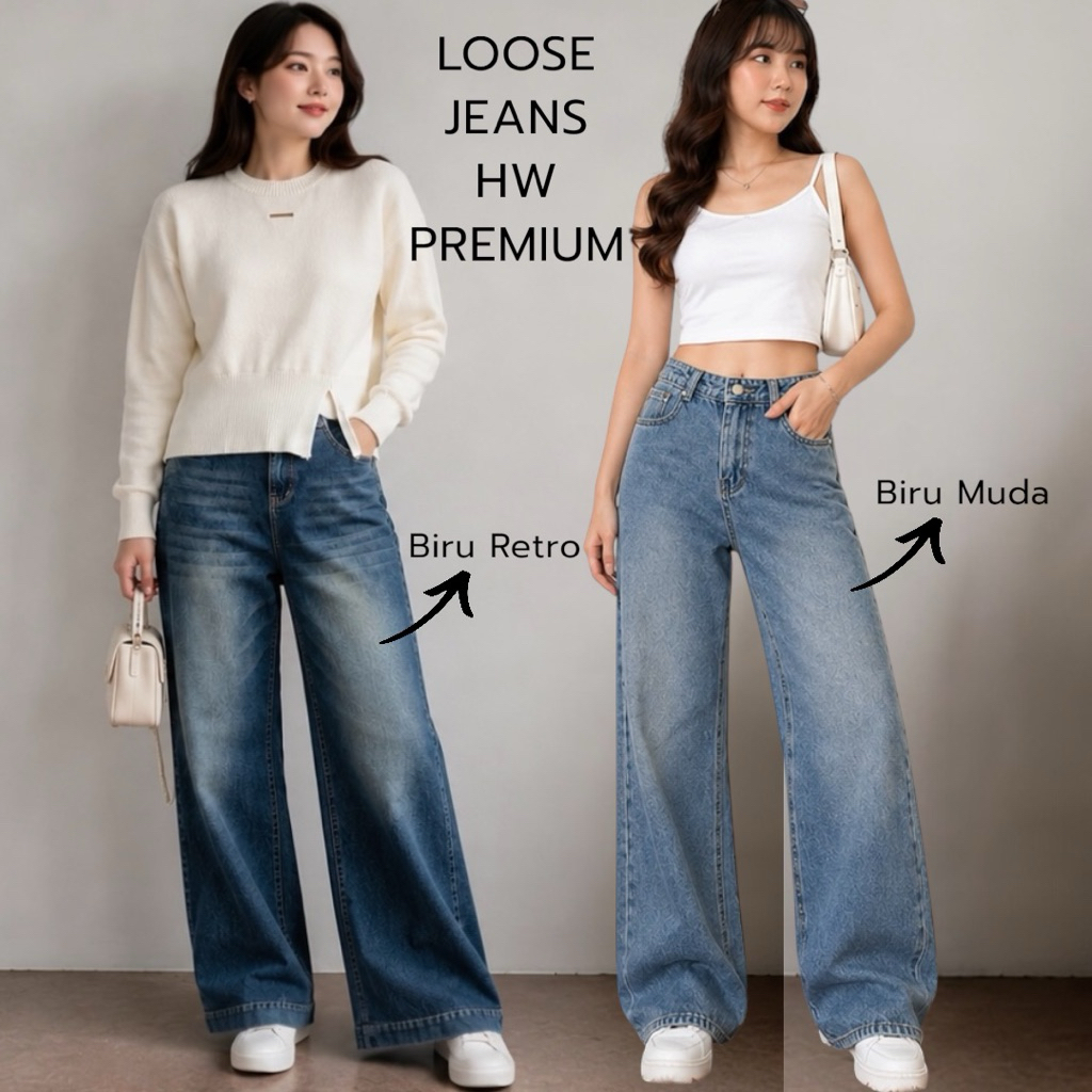 Loose Jeans Premium Jeans Biru retro HW Jeans wanita Premium Cuci Gudang Kulot Jeans Wanita Premium 