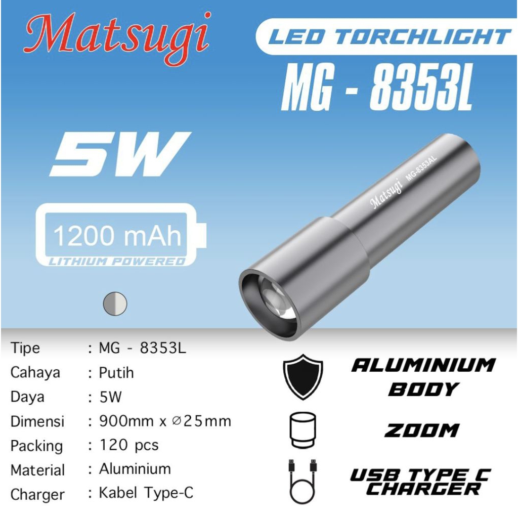 Matsugi Senter LED Torchlight MG-8353L 5W 1200mAh Aluminium Body Zoom USB Type C Charger
