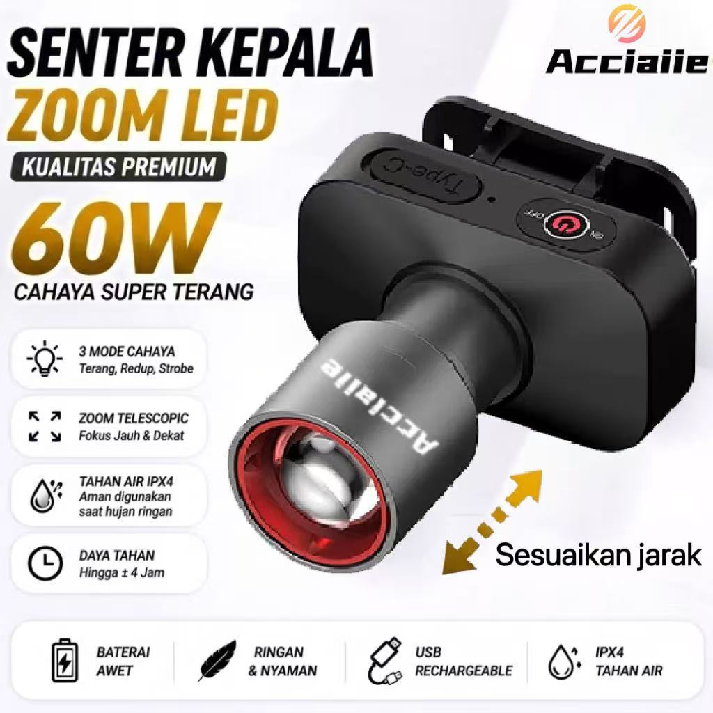 Acciaiie Senter Kepala Super Terang Anti Air Senter Kepala Zoom 1000 Lumen