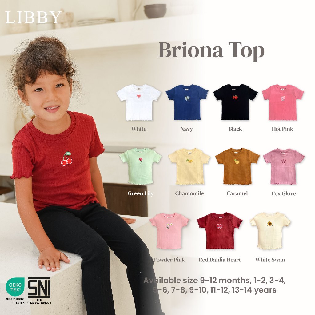 LIBBY Atasan Anak Perempuan Ruffle Kaos Polos Briona Top  Usia 9 Bulan - 14 Tahun  (1PCS)