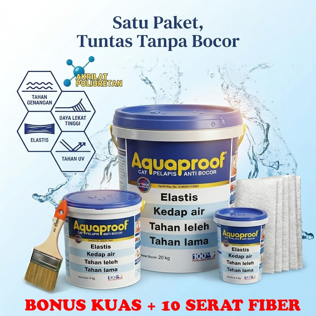Aquaproof 4kg Galon 1kg Cat Pelapis Anti Bocor Paket Hemat Bonus Kuas & 10 Serat Fiber Cat Pelapis K