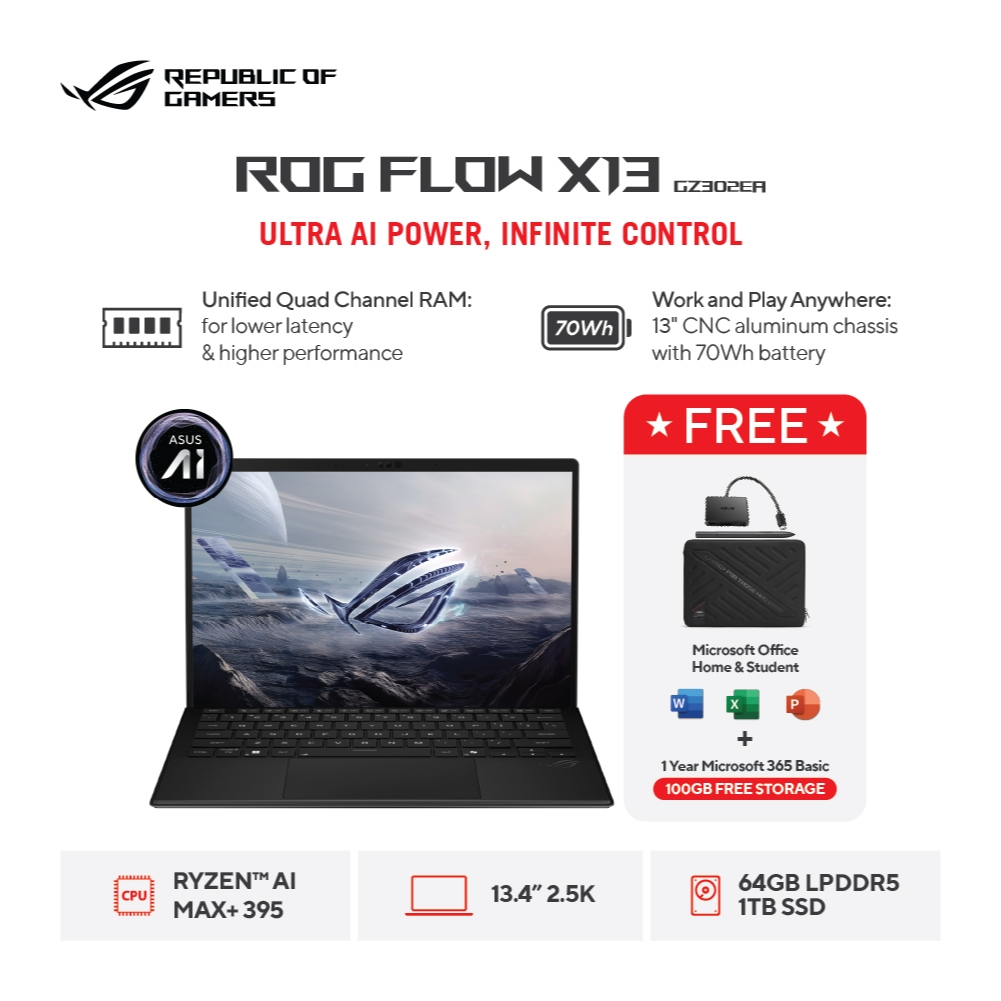 (FREE MOUSE) ASUS ROG Flow Z13 GZ302EA-RZA86N9G-HM - Off Black [AMD Ryzen AI MAX+ 395 Processor / AM