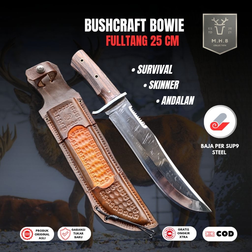 MHB | Pisau Survival Bushcraft Multifungsi Bowie - Pisau Skinner Bushcraft Baja Per sup9 Tempa Sepuh