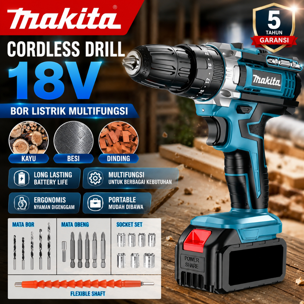 Makita Cordless Drill 18V Bor Baterai Wireless Multifungsi Portable Set Lengkap Garansi 5 Tahun