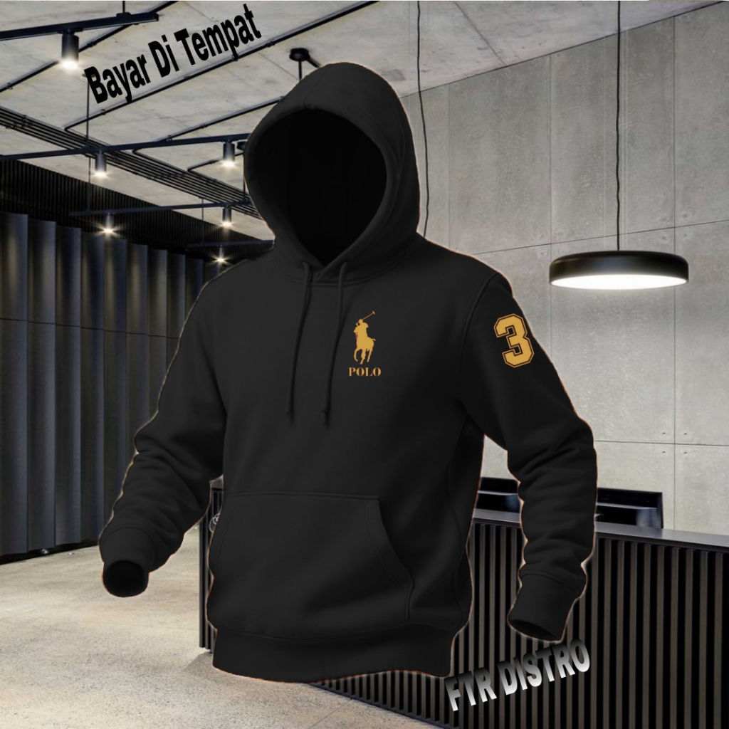 (COD) Sweater Hoodie Jumper Distro Logo Polo +Lengan3 Text Putih Jaket Unisex Terkeren Sweater Cardi