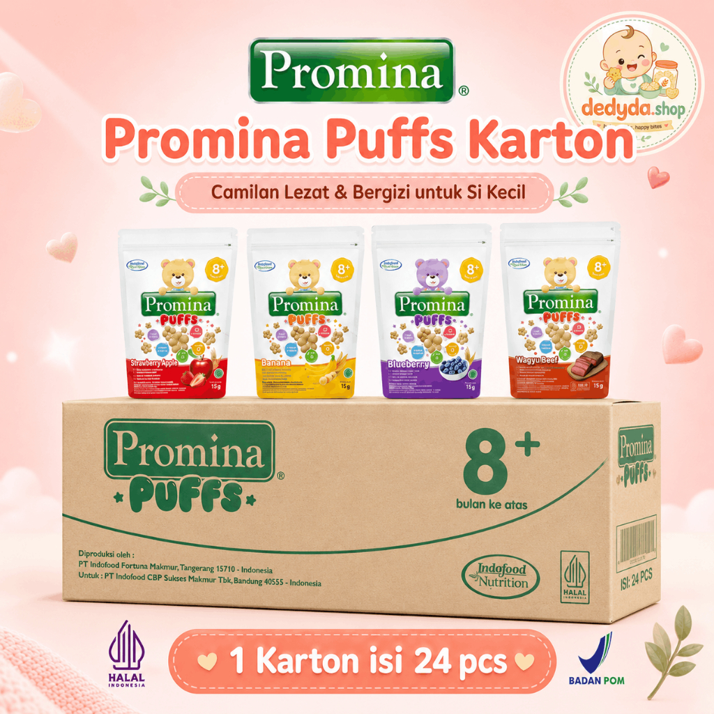 Promina Puffs 1 Karton Dus ( 24 pcs ) Banana Wagyu Blueberry Strawberry Apple Mix Harga Grosir