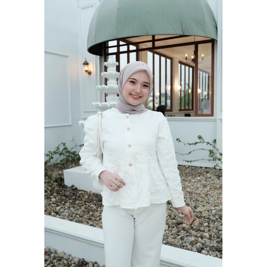 Kiana Blouse Flower Blouse Jacquard Atasan Peplum Lengan Panjang Baju Blouse Korean Look Motif Bunga