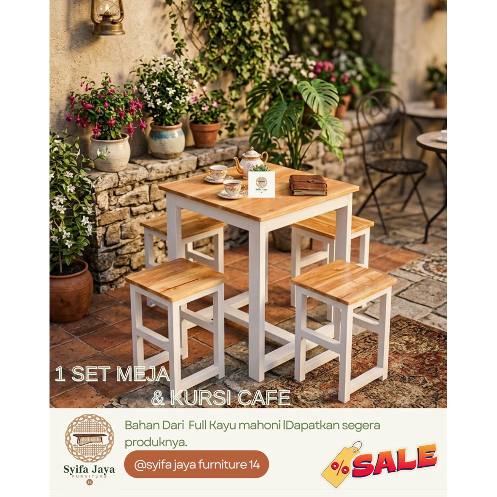 (Ready stok) 1 set Meja kursi Cafe kotak Meja kursi restoran furniture meja dan kursi makan