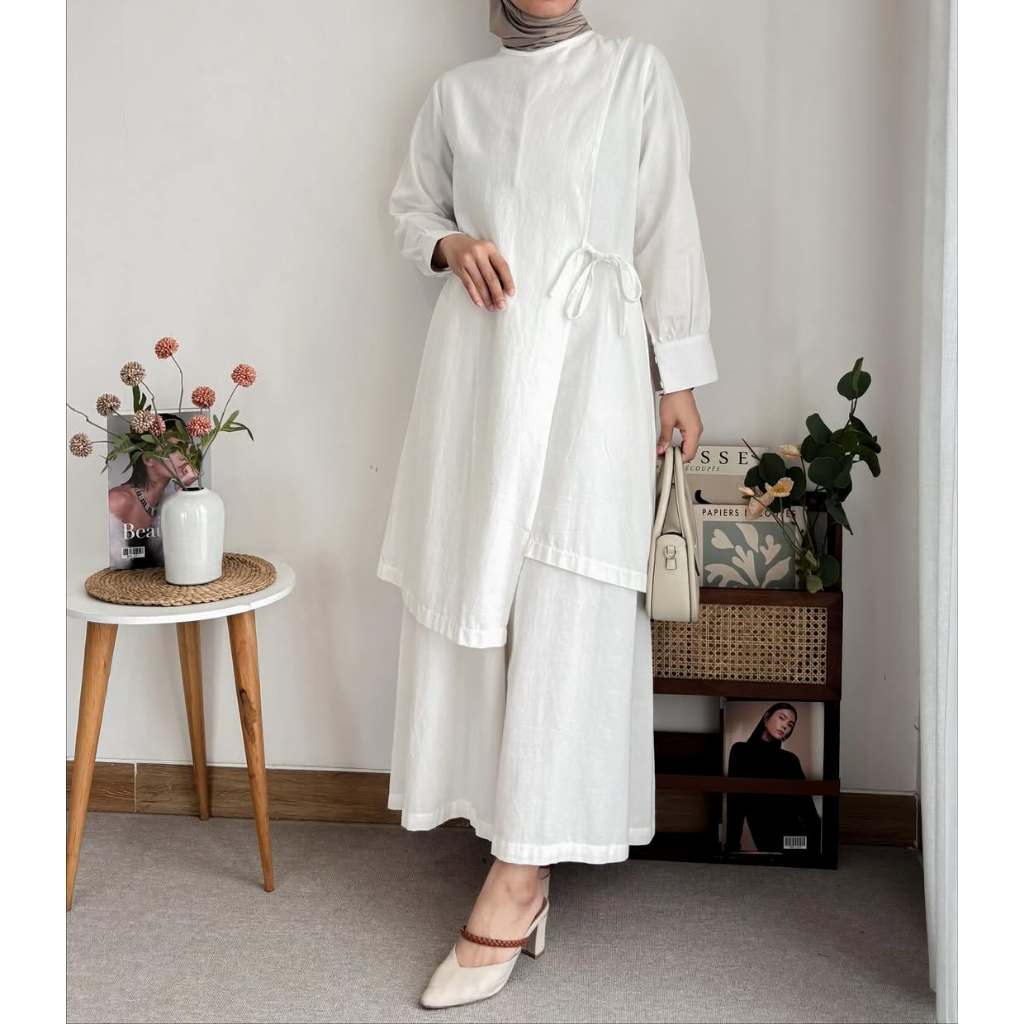Mira One Set Wanita Kekinian Katun Linen Rami Polos Setelan Basic Tunik Kulot Outfit Remaja Dewasa