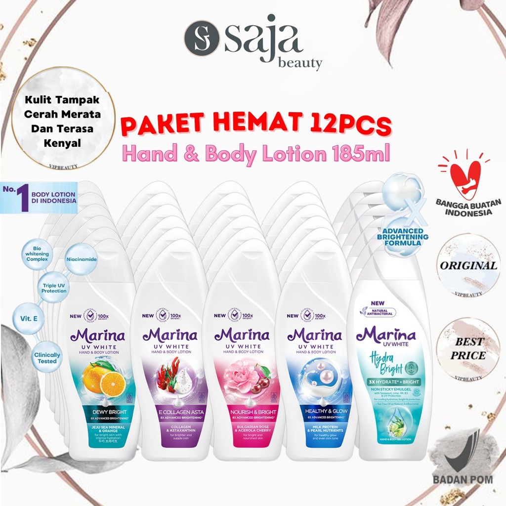 [PAKET 12PCS] MARINA Hand Body Lotion UV White 185ml - Nourish & Bright / Healthy & Glow / Dewy Brig