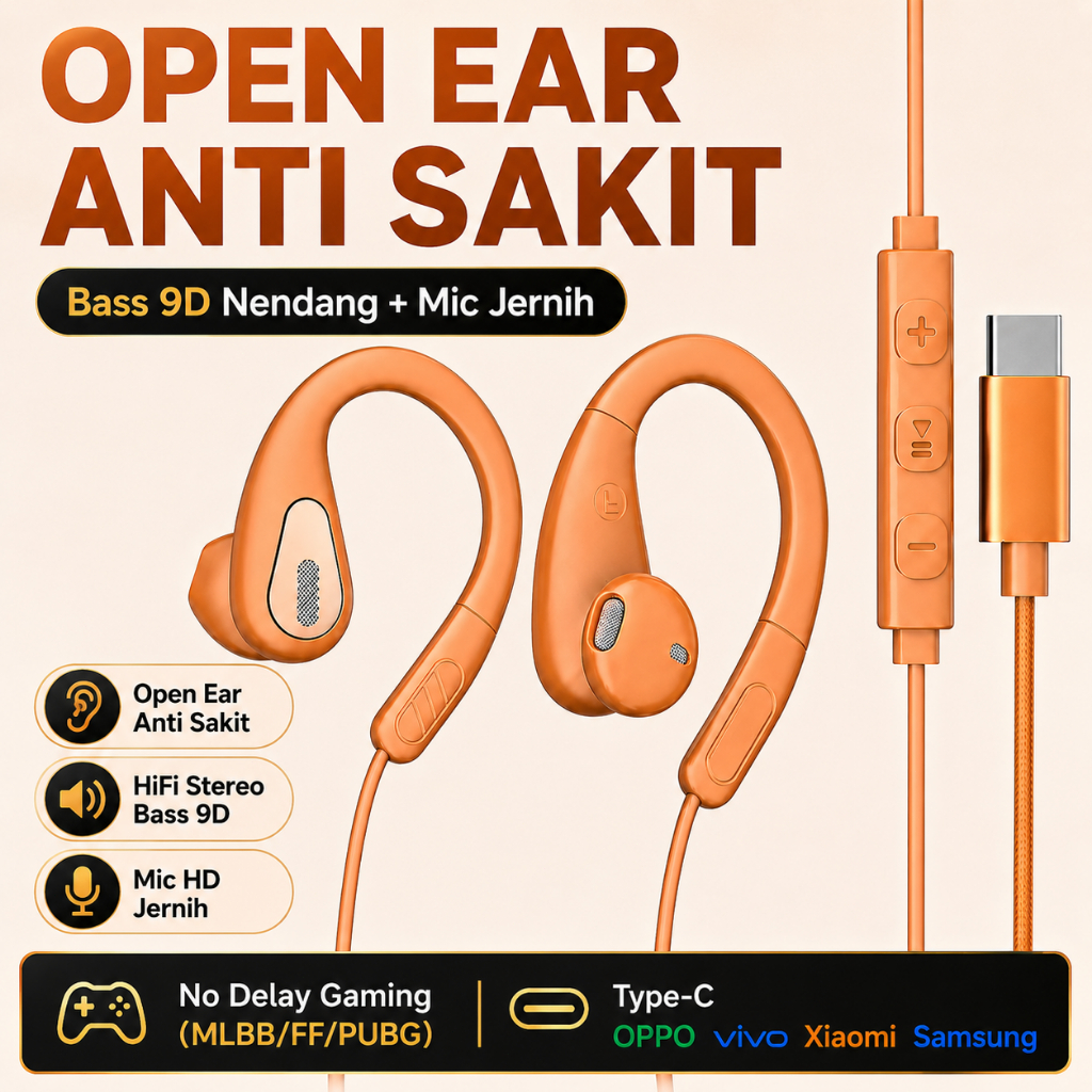Headset Kable Type C Open Ear Gaming Earphone Full Bass anak perempuanTanpa Masuk Telinga Anti Sakit