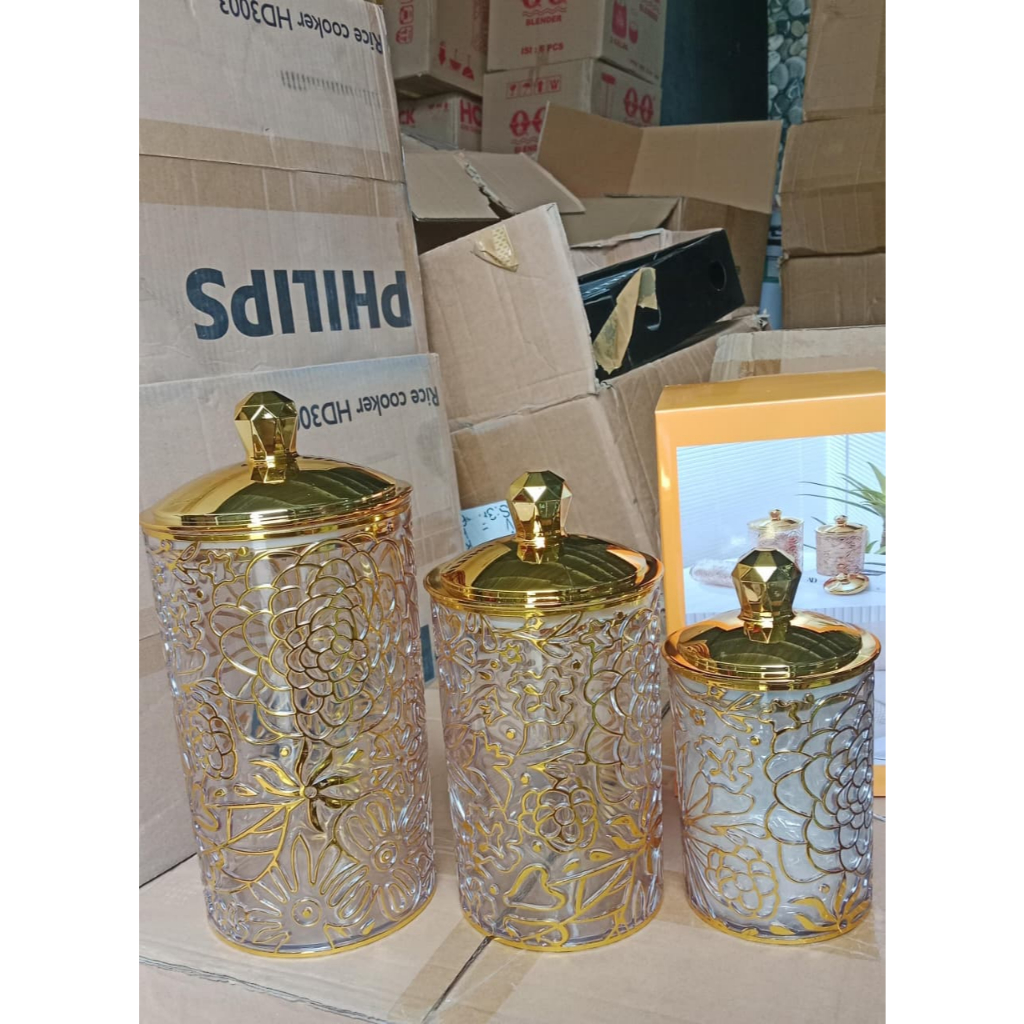 sentra_prasmanan Set Toples Plastik Acrilic Isi 3 Jumbo Motif Bunga Timbul