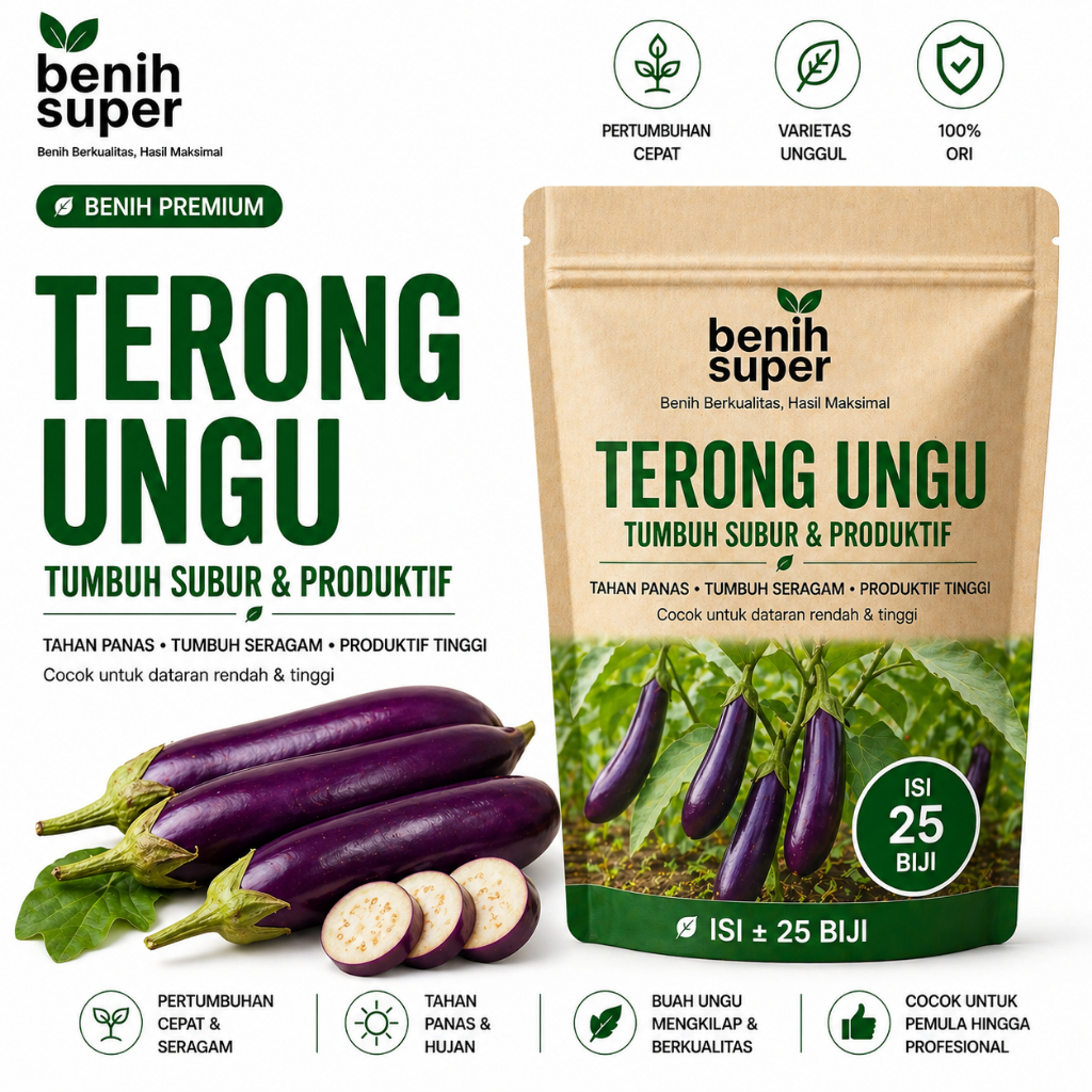 Benih Super 25 Biji - Benih Terong Ungu WELUT - Terong Ungu Panjang - Mudah Tumbuh Bibit Sayuran Ben