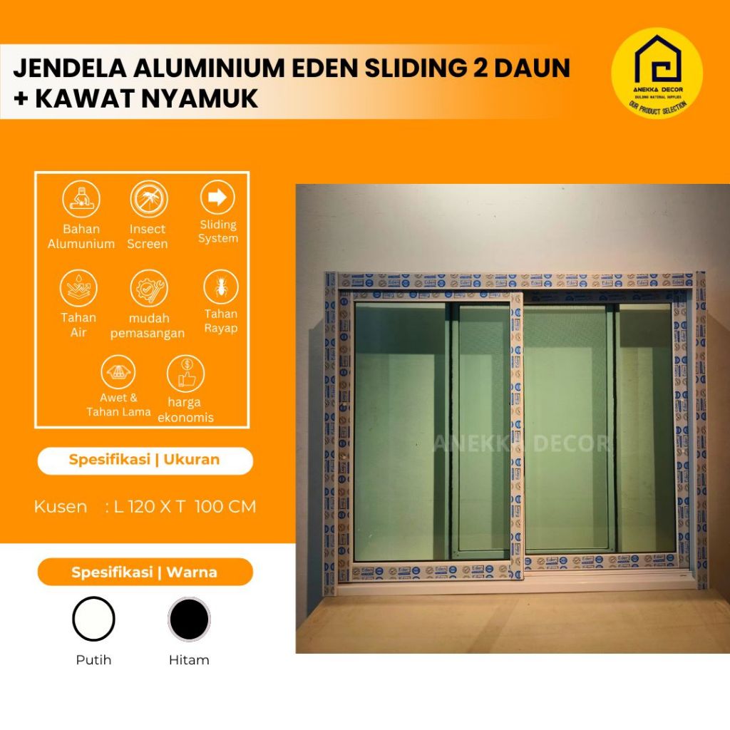 EDEN Jendela Sliding Aluminium  Ukuran 120 x 100 cm set Kawat Nyamuk