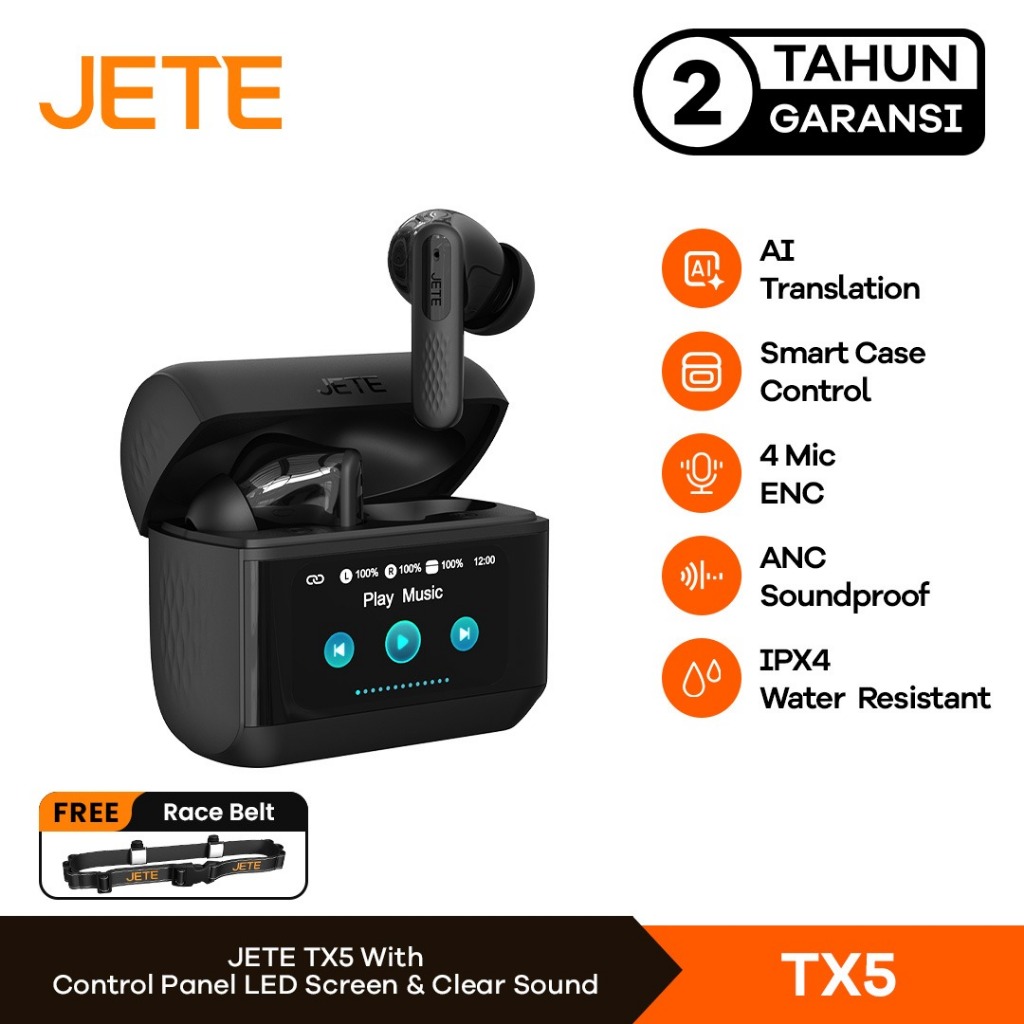 TWS JETE TX5 ANC Headset Bluetooth LED Touch Screen Smart AI Translation Earphone IPX4 Super Bass Ea
