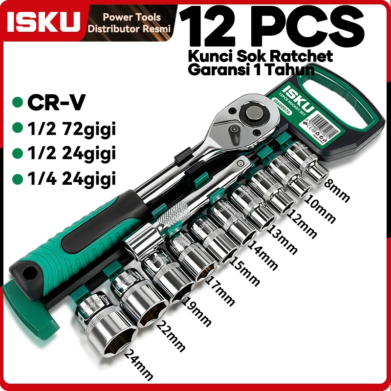 ISKU Kunci Sok Set 12 Pcs 1/2 Inch 1/4 Kunci Shock Gagang Ratchet Wrench 24T 72T Baja CRV Alat Bengk