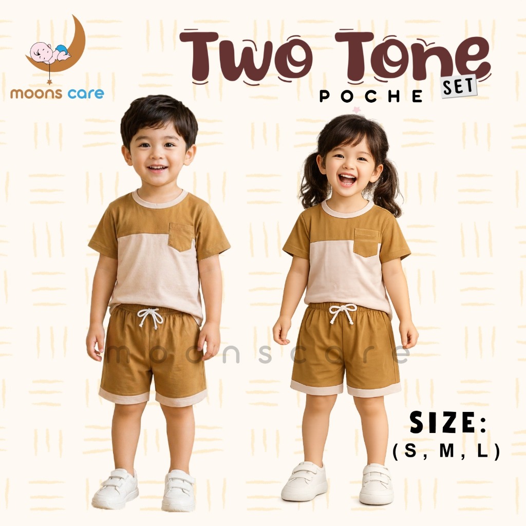 MOONSCARE SNI Setelan Anak Unisex Two Tone Poche | Kaos + Celana Pendek | Baju Anak Cowok Cewek Moon