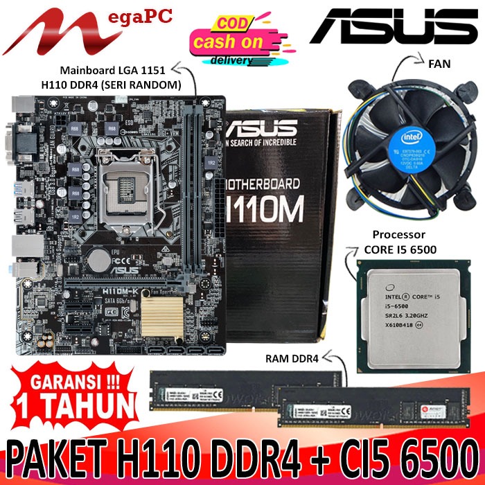 Paket Motherboard Socket LGA 1151 H110 DDR4 + Core i5 6400 / 6500 + FAN + RAM
