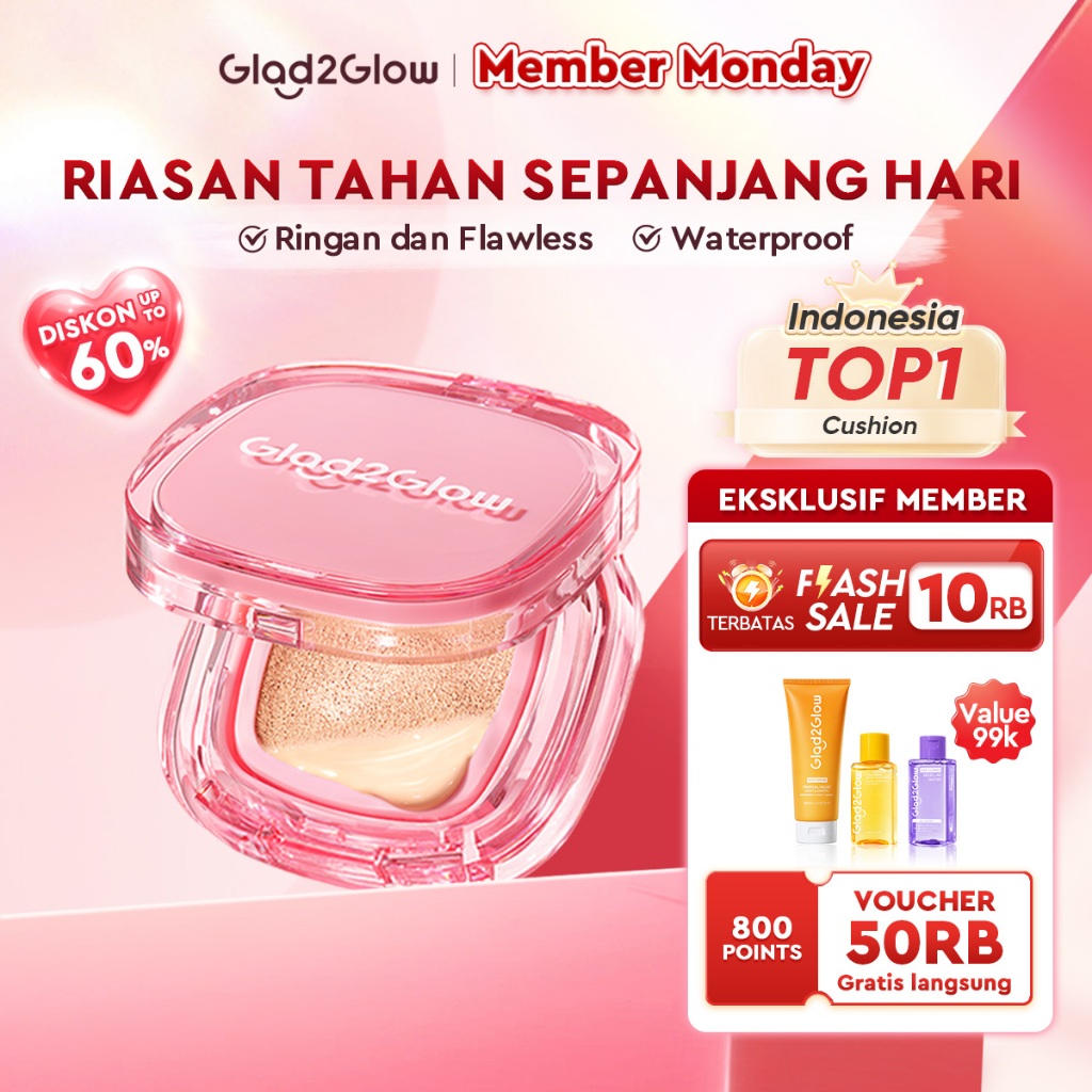 [Ready Stock]Glad2Glow Perfect Cover Cushion Foundation Waterproof Make Up Setting Concealer BB Crea