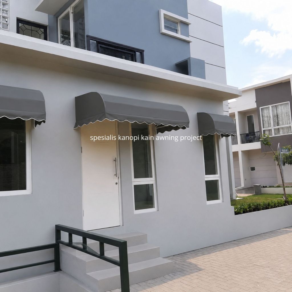 kanopi kain awning rangka melengkung ke bawah warna abu abu untuk jendela dan teras rumah