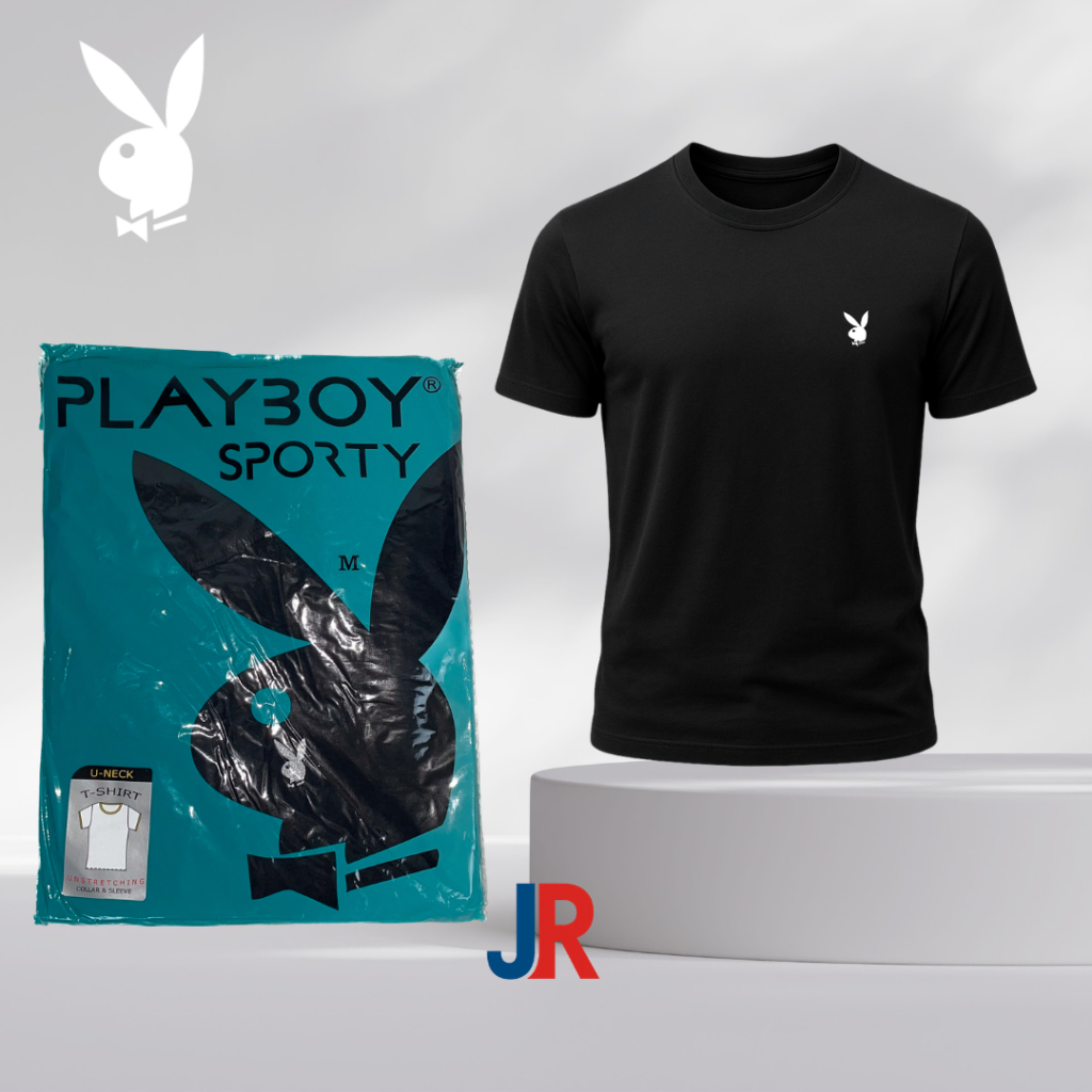Kaos Hitam Polos Playboy Sporty Pria Kerah Bulat Katun Premium