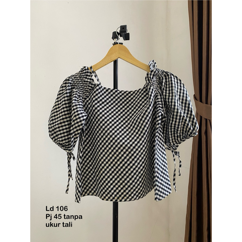PL Baju Sabrina Kotak Tartan Lengan Balon Hitam (19k +adm)