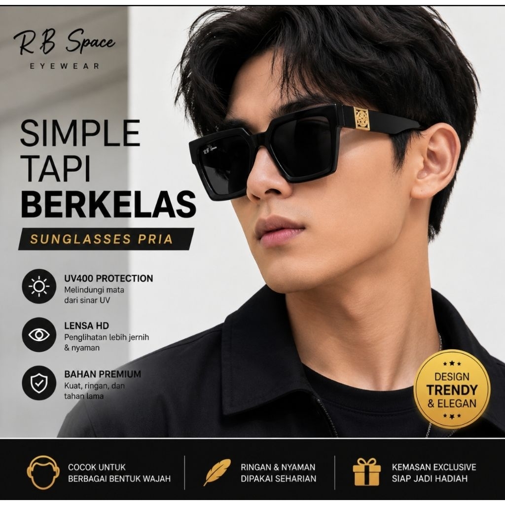 Kacamata Hitam Pria Premium RB Space – Sunglasses Fashion Square UV400 Trendy Elegan Korea Style
