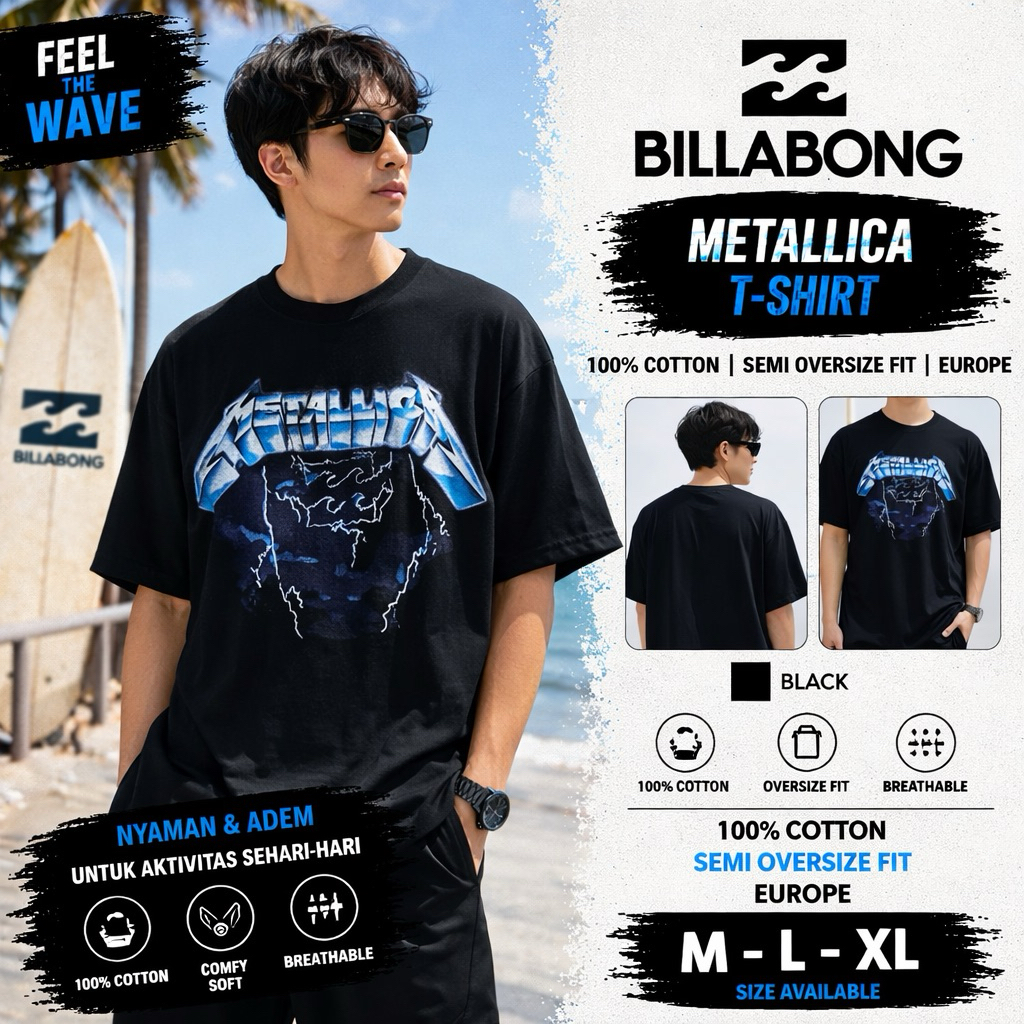 BILLABONG Original Kaos Surfing Pria Graphic Metallic Hitam Semi Oversize | T-Shirt Casual Premium C