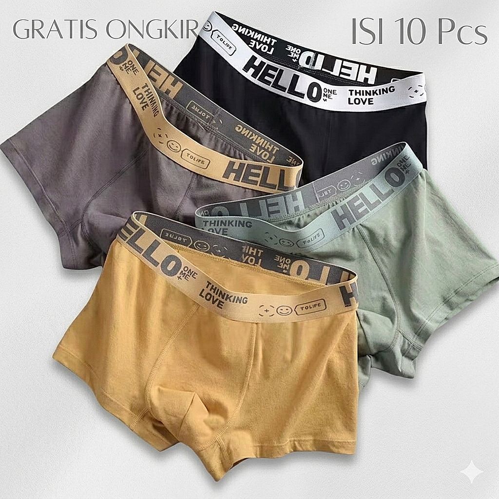 (5pcs) Hello Celana Dalam Boxer Pria Dewasa Katun Lembut Melar