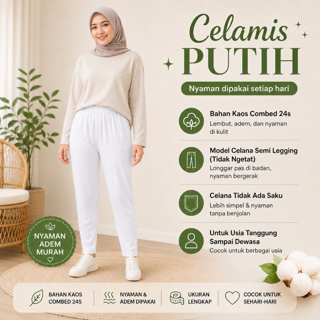 Celamis/celana santai/celana dalaman rok bahan kaos katun combed khusus warna PUTIH untuk anak tangg