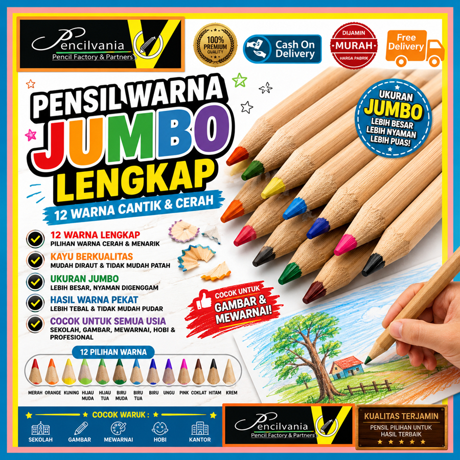 PENSIL WARNA JUMBO LENGKAP Terbaru Besar 12 Warna Murah Terbaik Panjang Kayu Bagus Set Gambar Lukis 