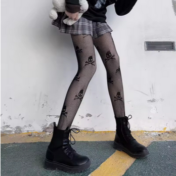 PIGGYS - Stoking Celana Goth Skull Jaring Motif Tengkorak Pantyhose Hallowen