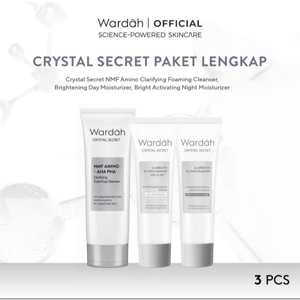 WARDAH Crystal Secret Paket Lengkap - Facial wash 100ml - Day cream 17g-Night cream 17g | paket hema